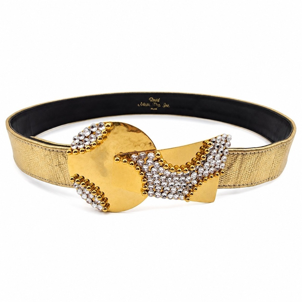 Ravid Artistic Designs Vintage 80s Gold Rhinestone Statement Belt 32"‎ Metallic
